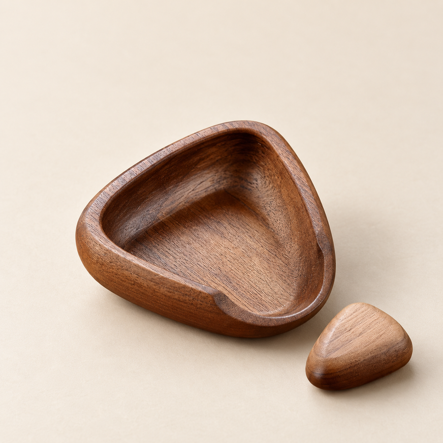 Quiet Measure Coffee Bean Dosing Tray - Dark Timber: on a cream background