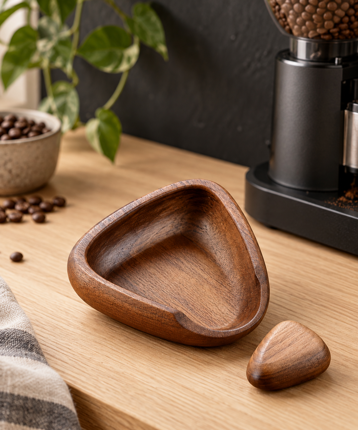 Quiet Measure Coffee Bean Dosing Tray - Dark Timber: in a shop setting