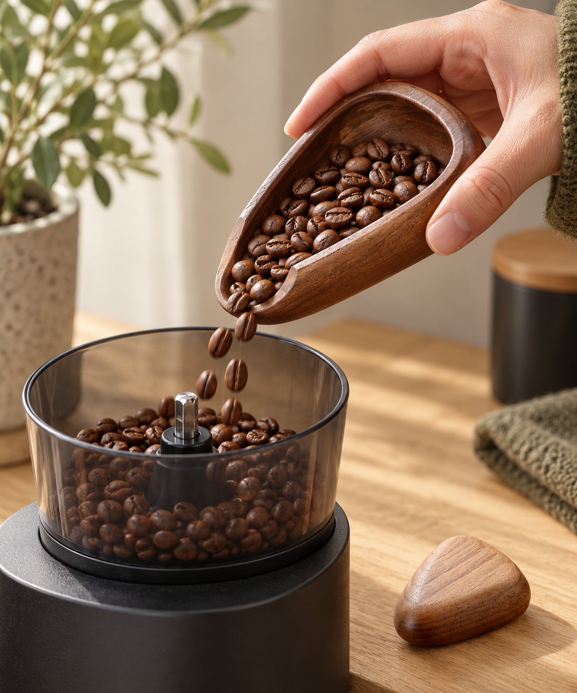 Quiet Measure Coffee Bean Dosing Tray - Dark Timber: in use