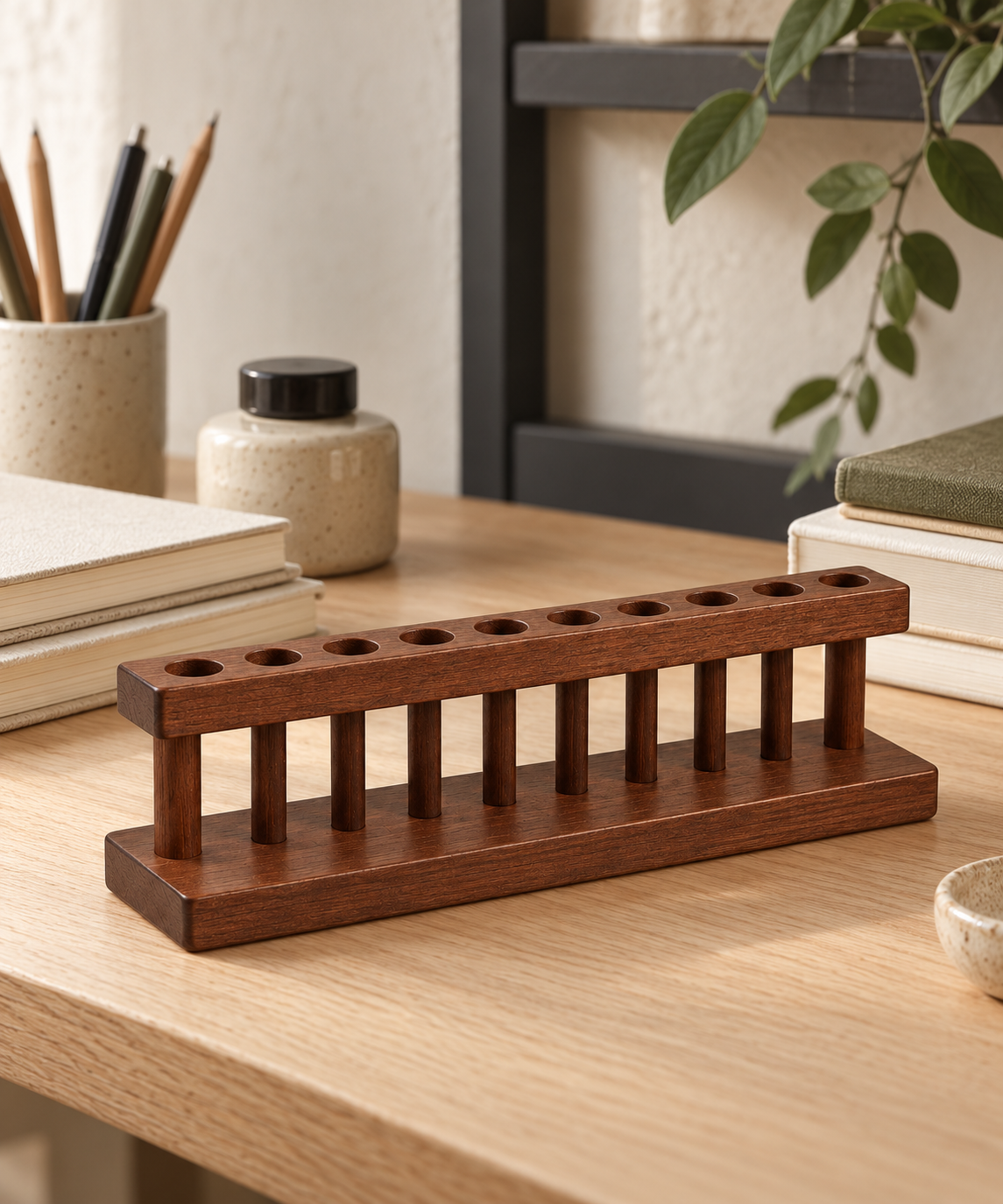 Order Pen and Brush Rack - Dark Timber Tone: in a shop setting