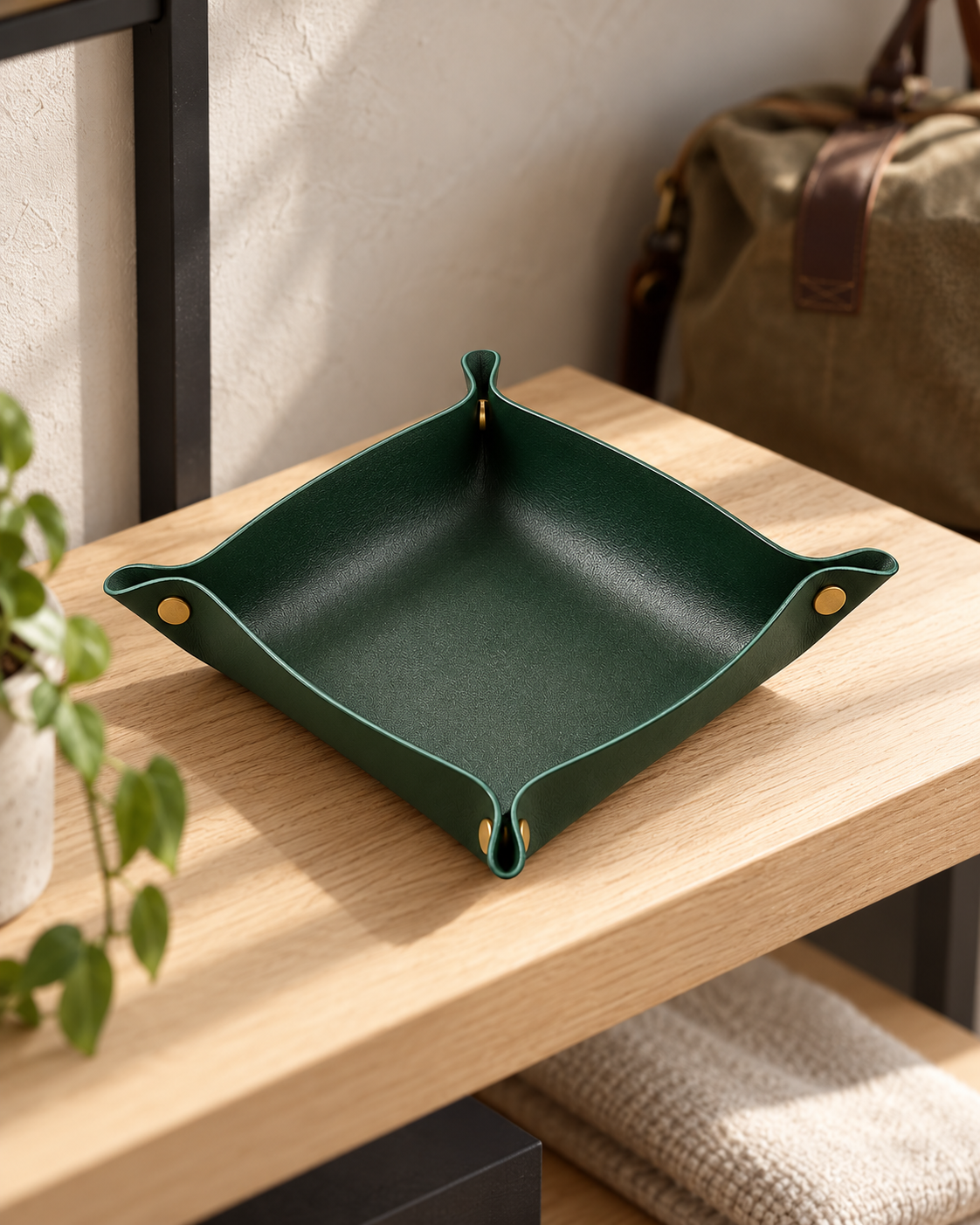Away Fold-Flat Valet Tray - Dark Green: in a shop setting