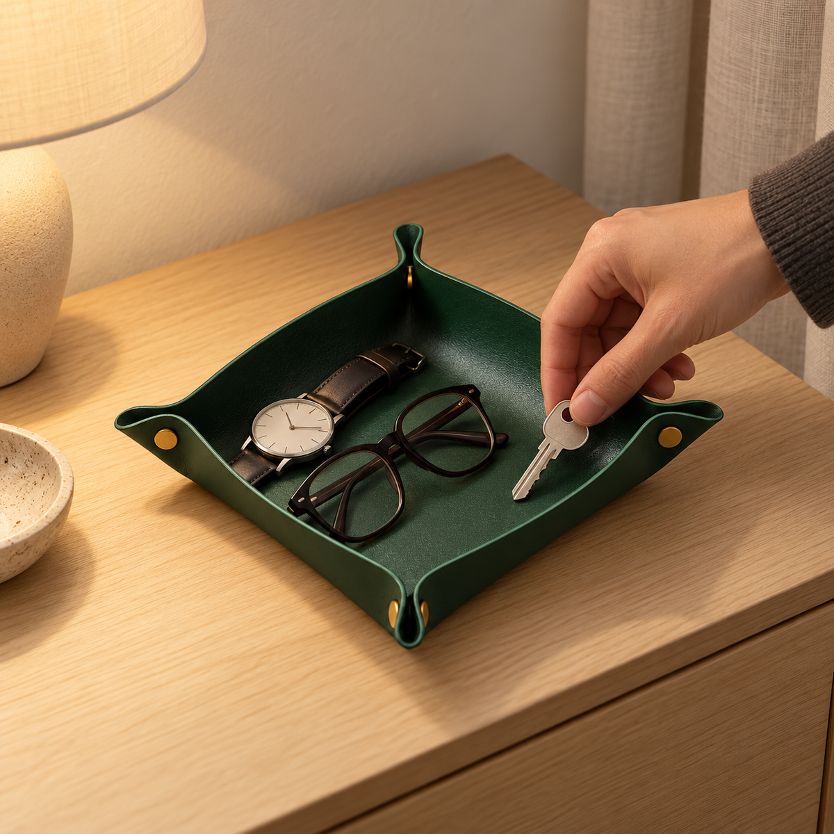 Away Fold-Flat Valet Tray - Dark Green: in use