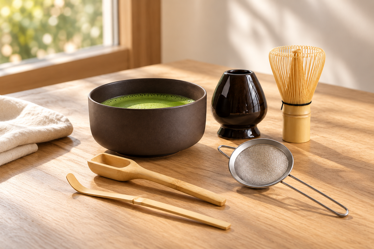 IKI Coffee brown six-piece matcha set styled for preparation