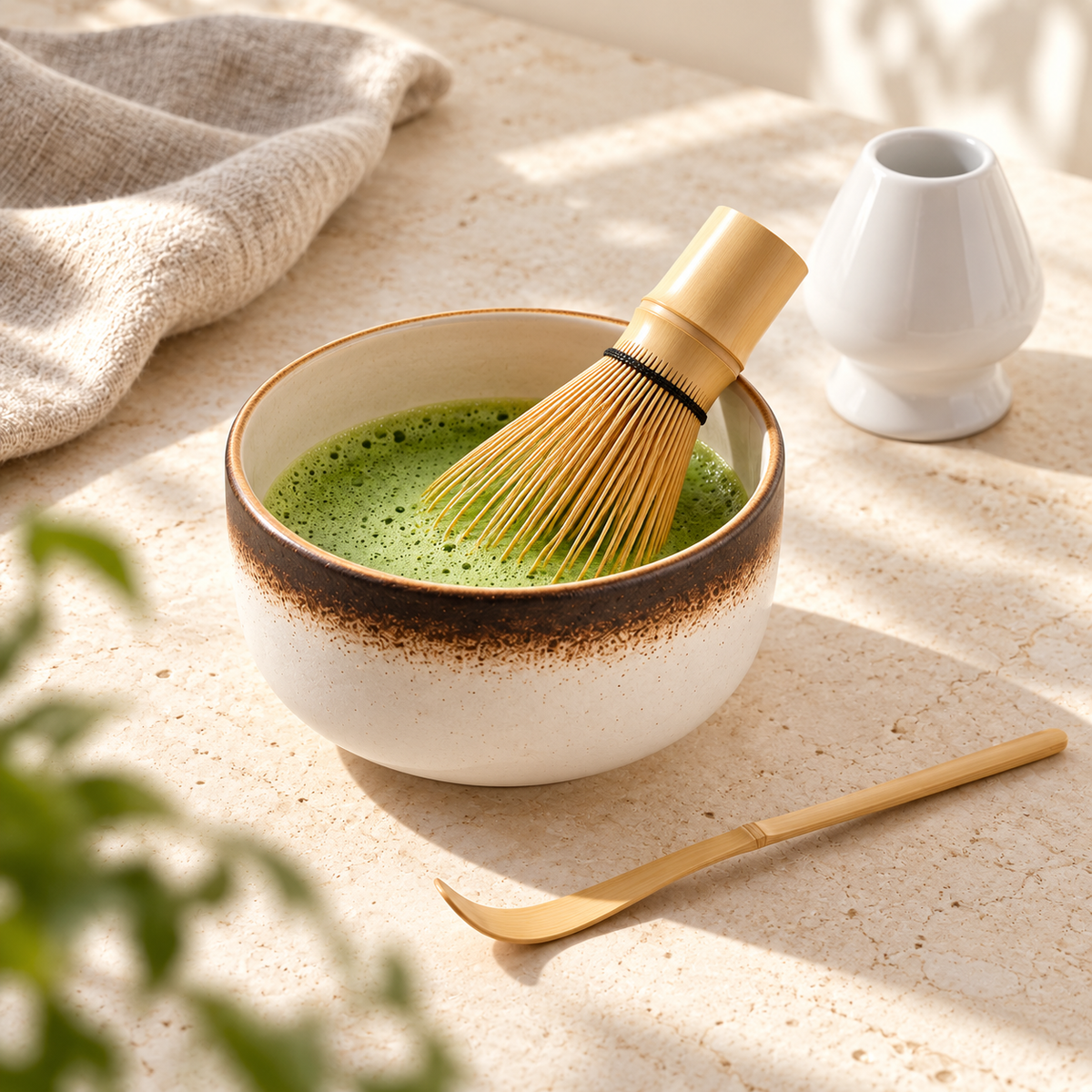 Toasted Ivory matcha bowl with freshly prepared matcha and bamboo whisk