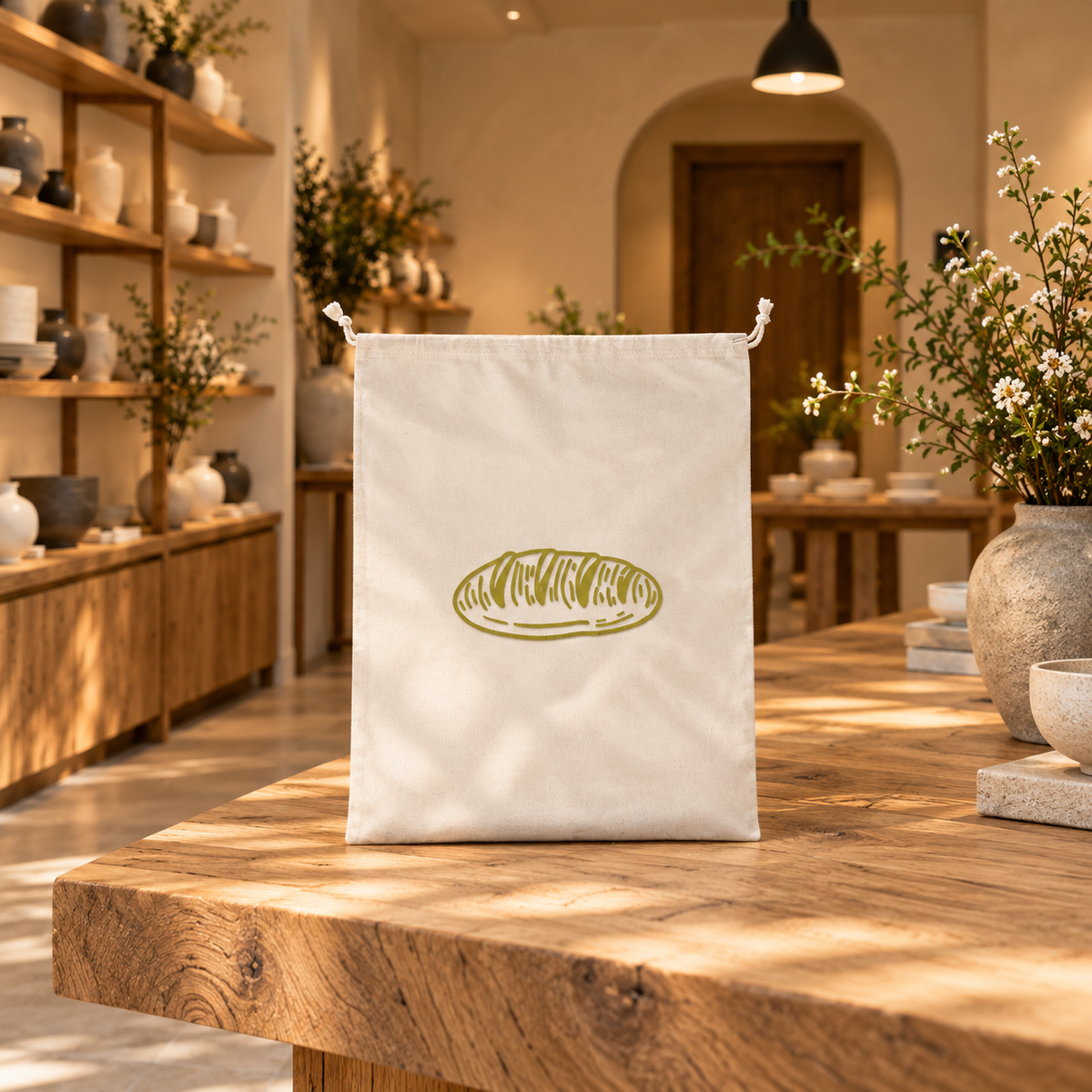 Drawstring bread bag in the IKI shop setting
