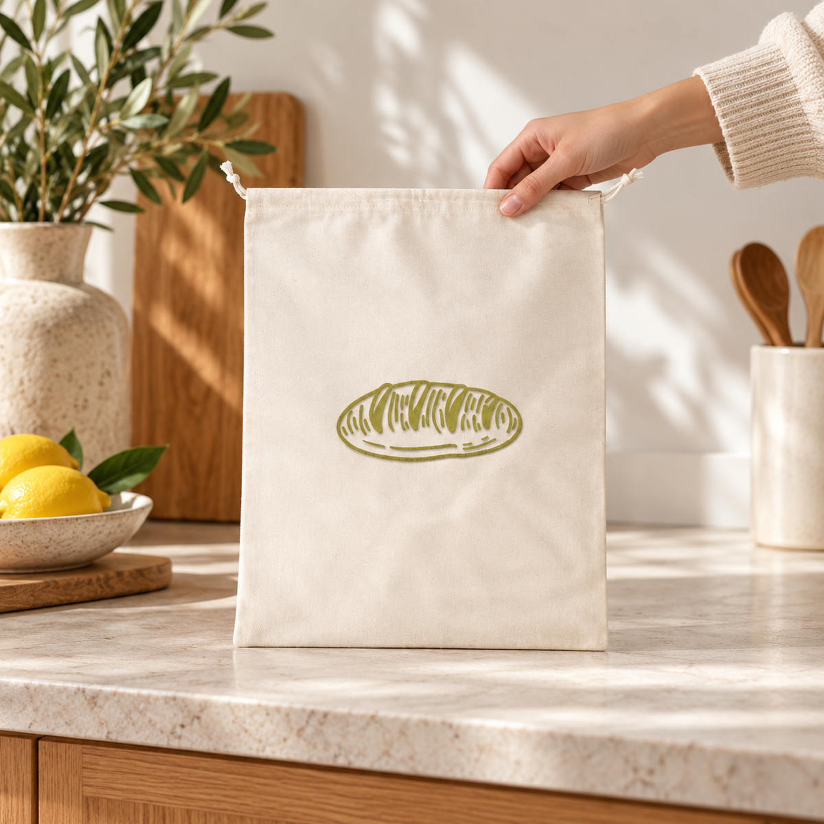 Drawstring bread bag in a home setting