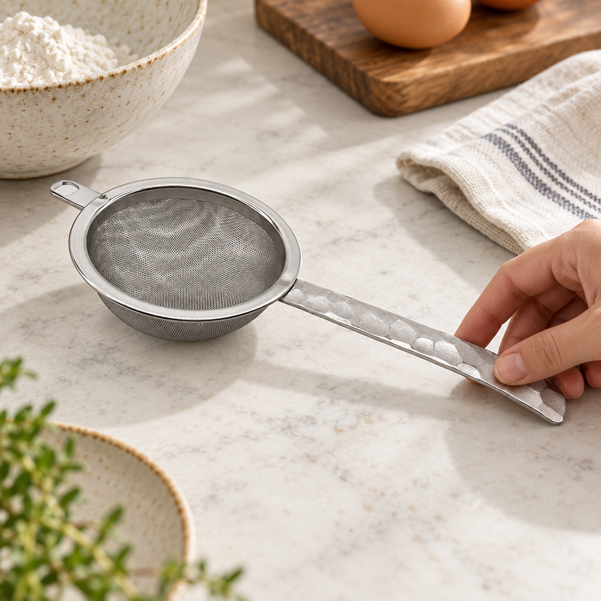 Stainless steel matcha sifter in a home setting