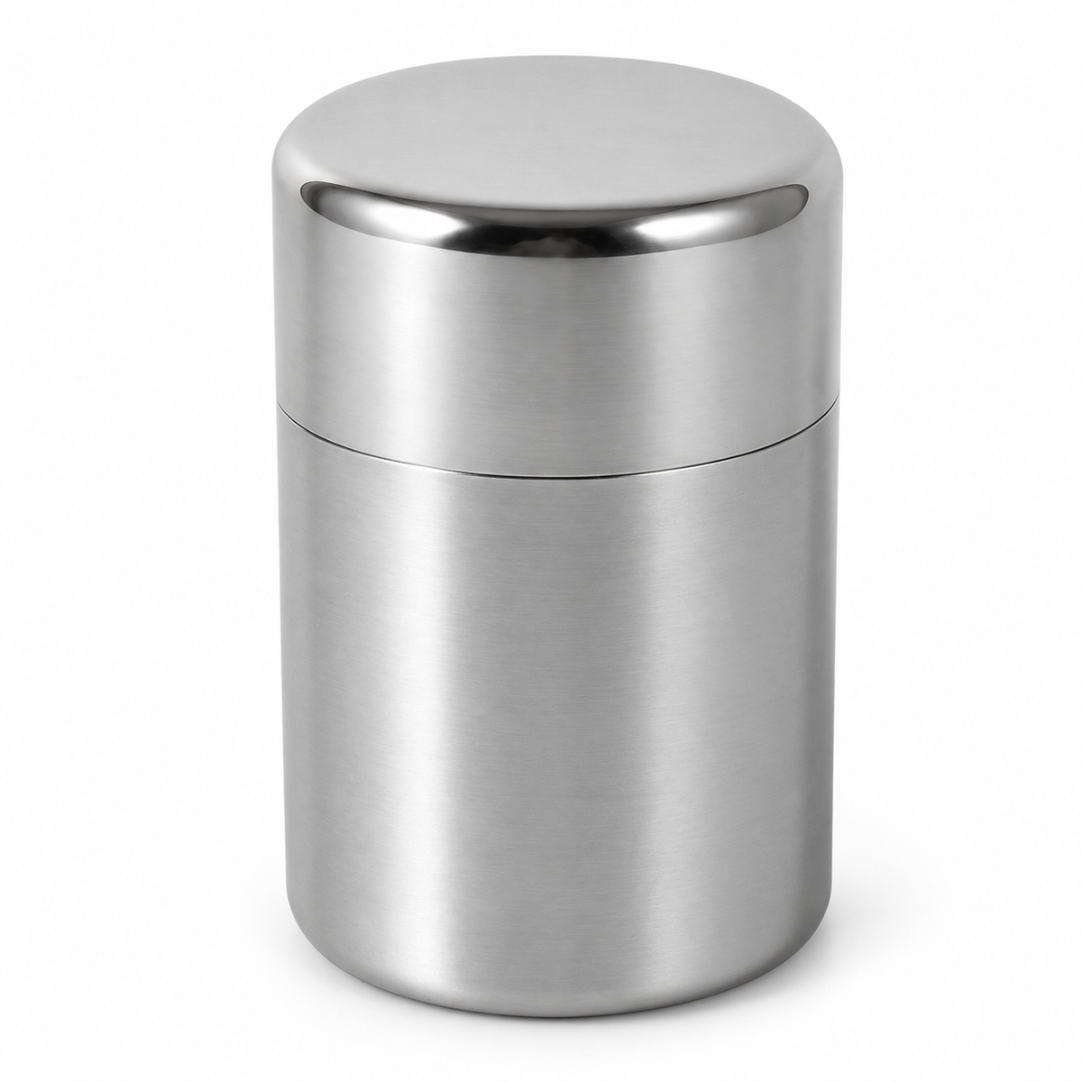 Stainless steel tea caddy on a white background
