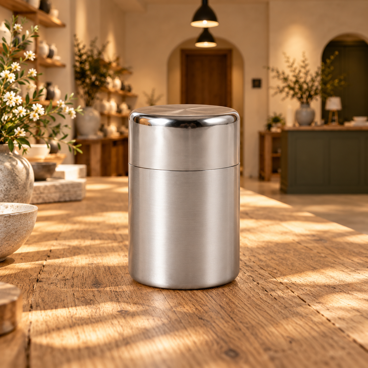 Stainless steel tea caddy in the IKI shop setting