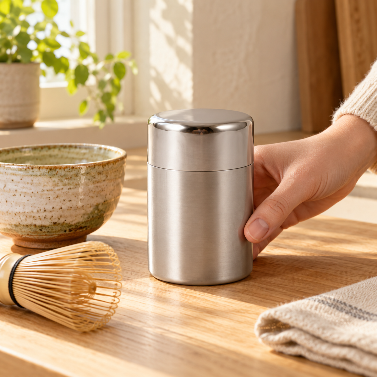 Stainless steel tea caddy in a home setting