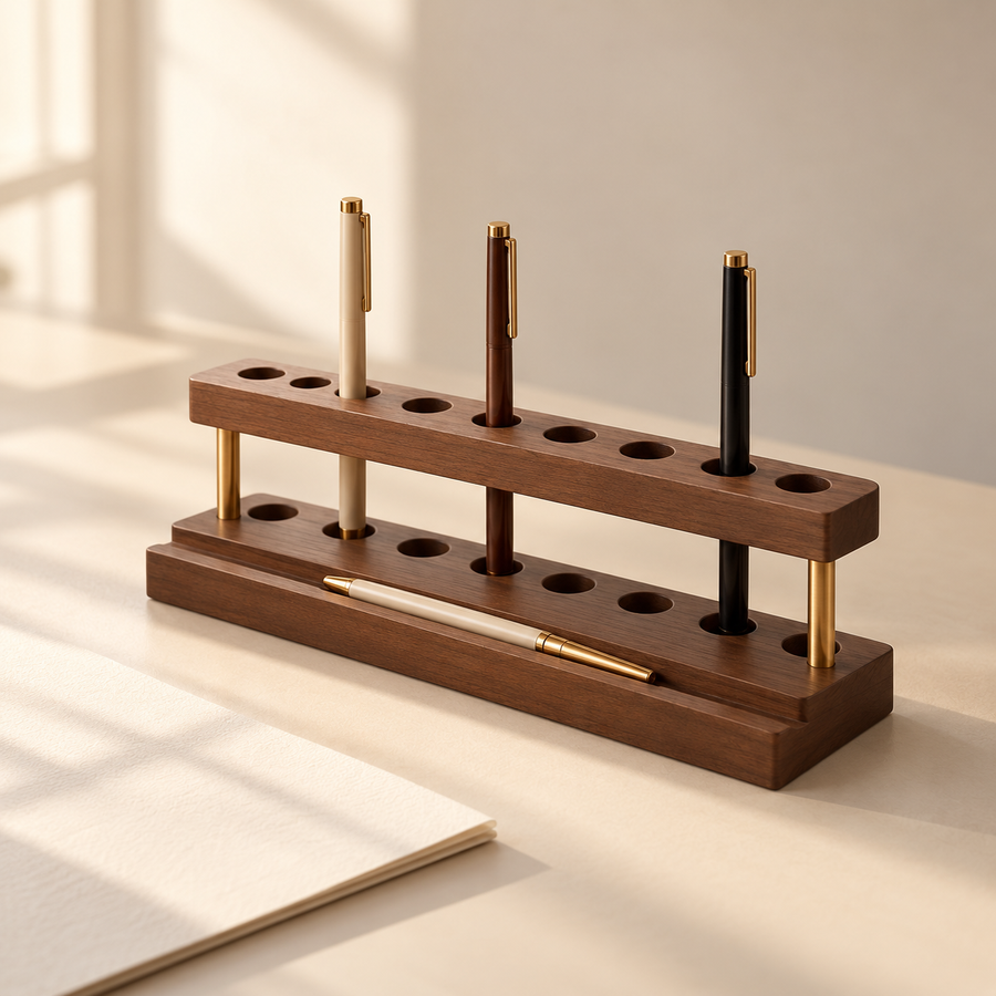 Brown pen holder with styled pens on a cream desk