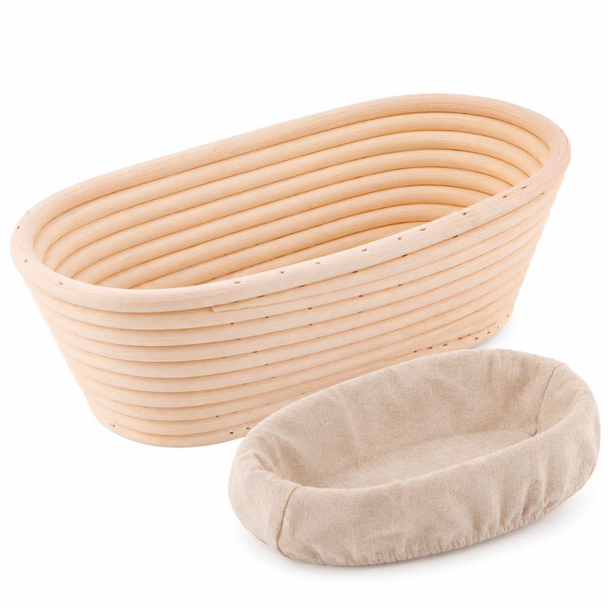 Oval proving basket with liner on a white background