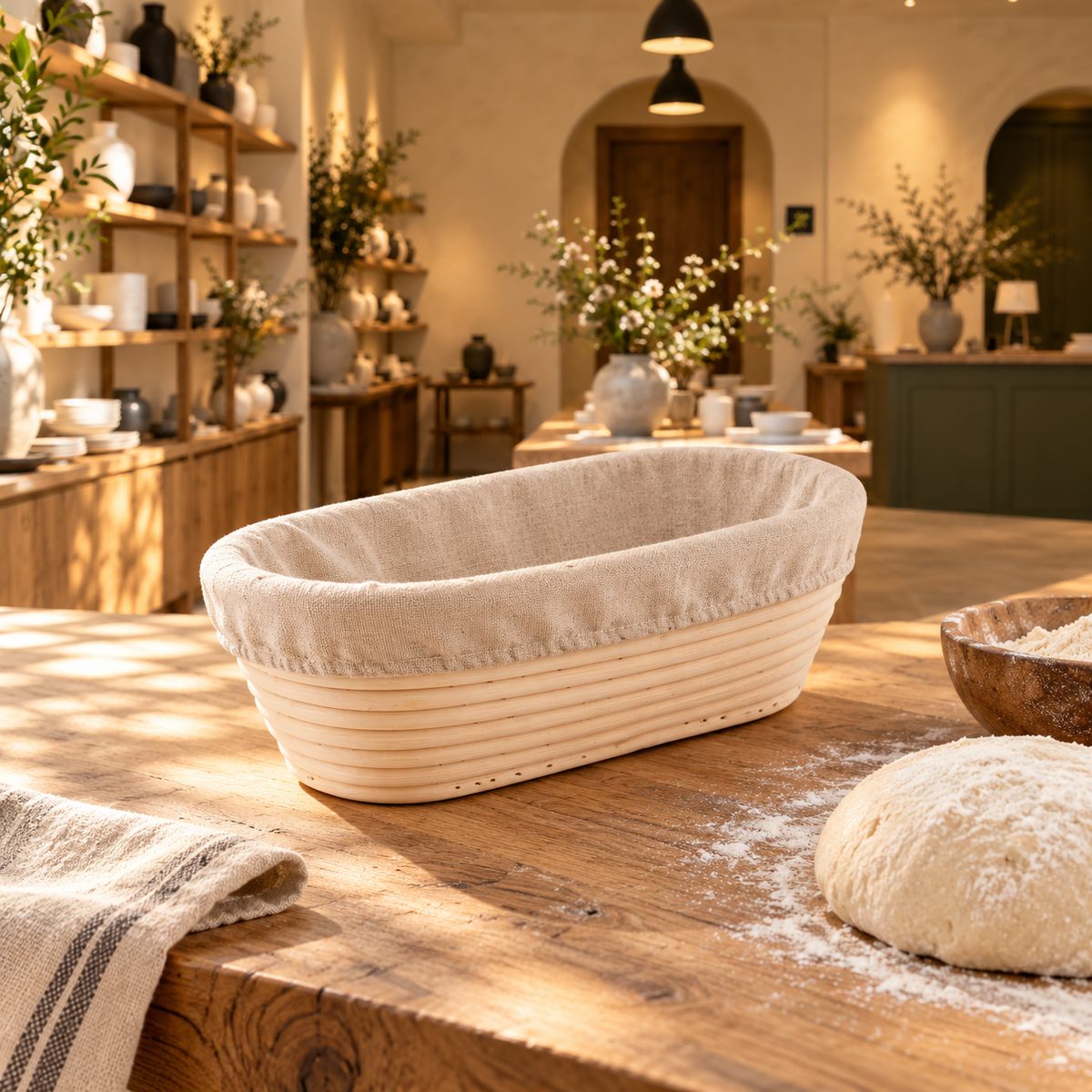 Oval proving basket with liner in the IKI shop setting