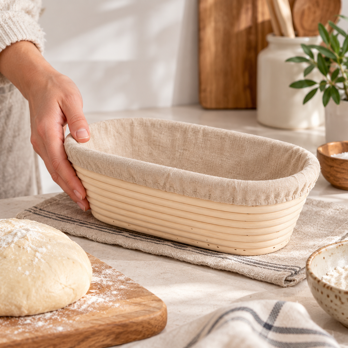 Oval proving basket with liner in a home setting