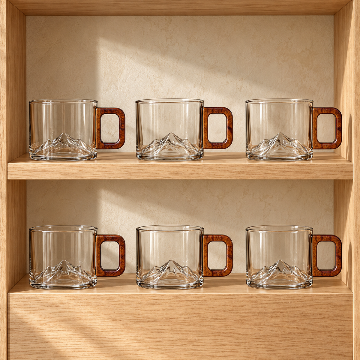 6 matching clear Ridgeline glass coffee cups on oak shelves
