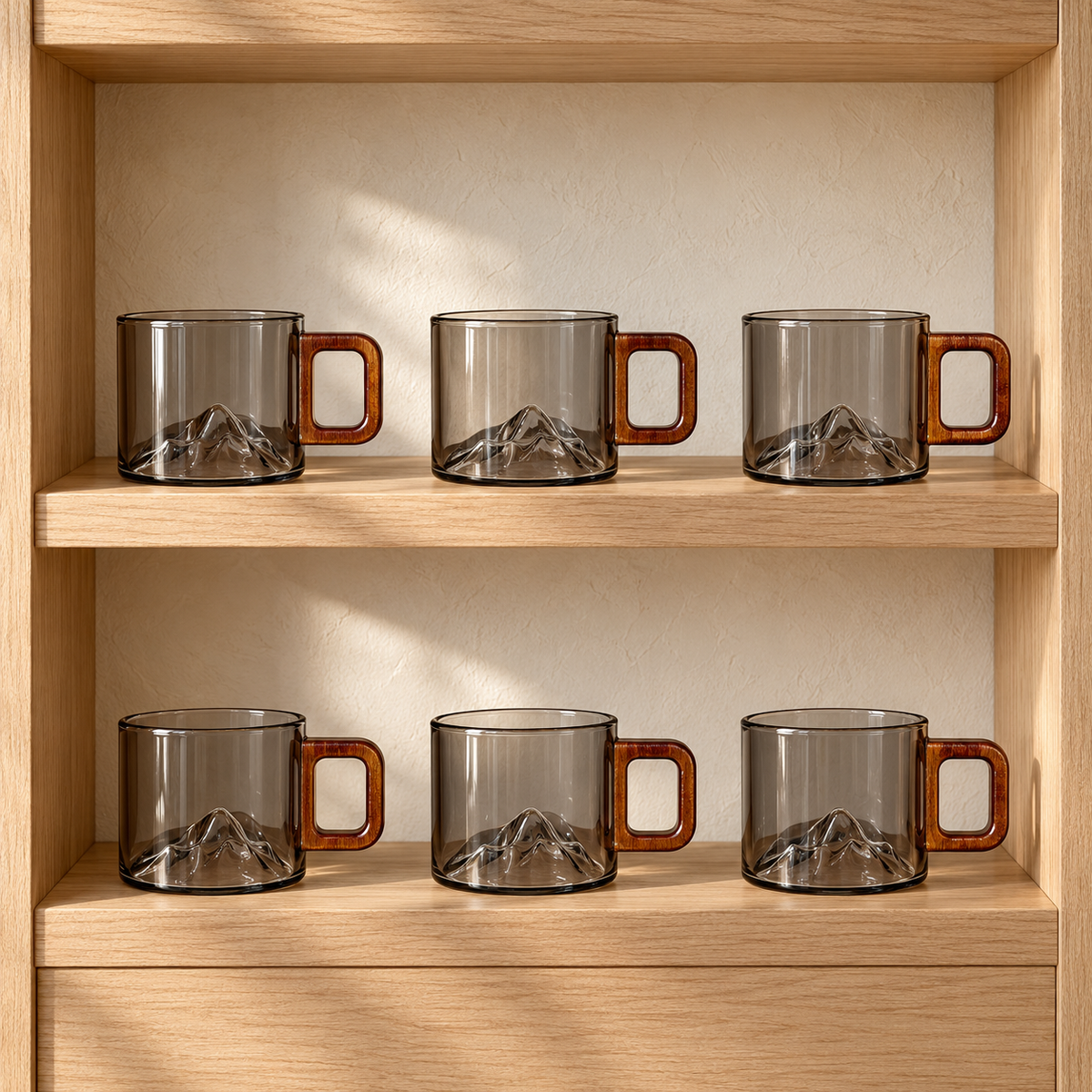 6 matching smoke-grey Ridgeline glass coffee cups on oak shelves
