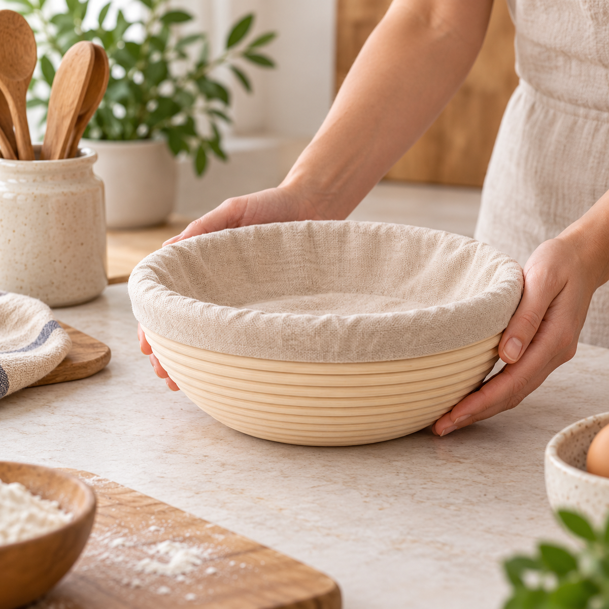 Round proving basket with liner in a home setting