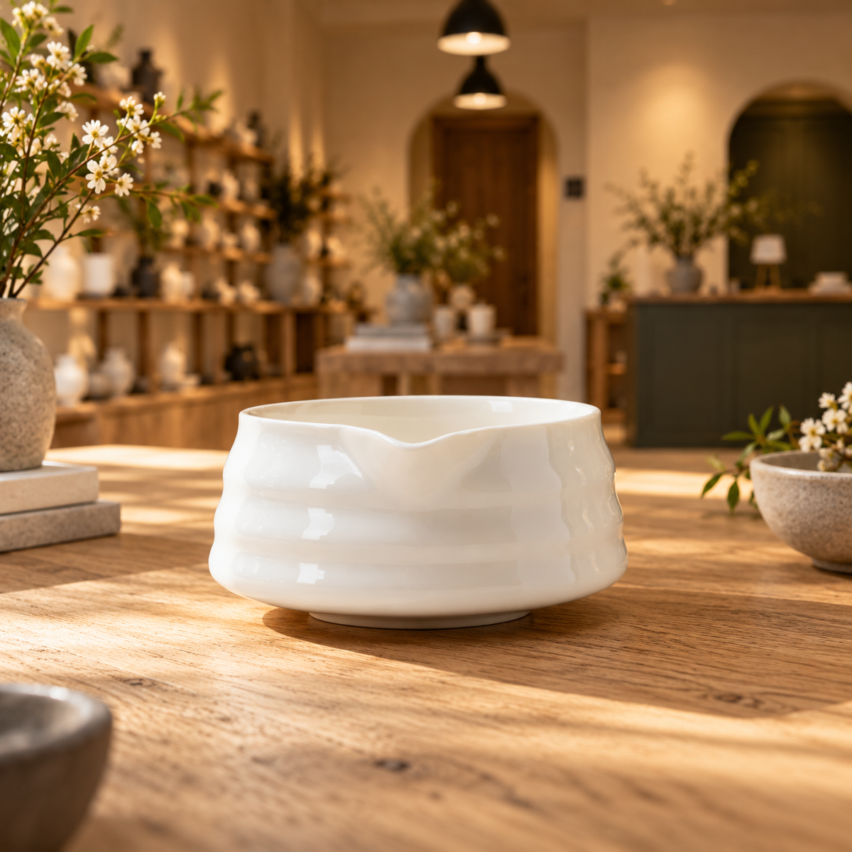 White spouted matcha bowl in the IKI shop setting