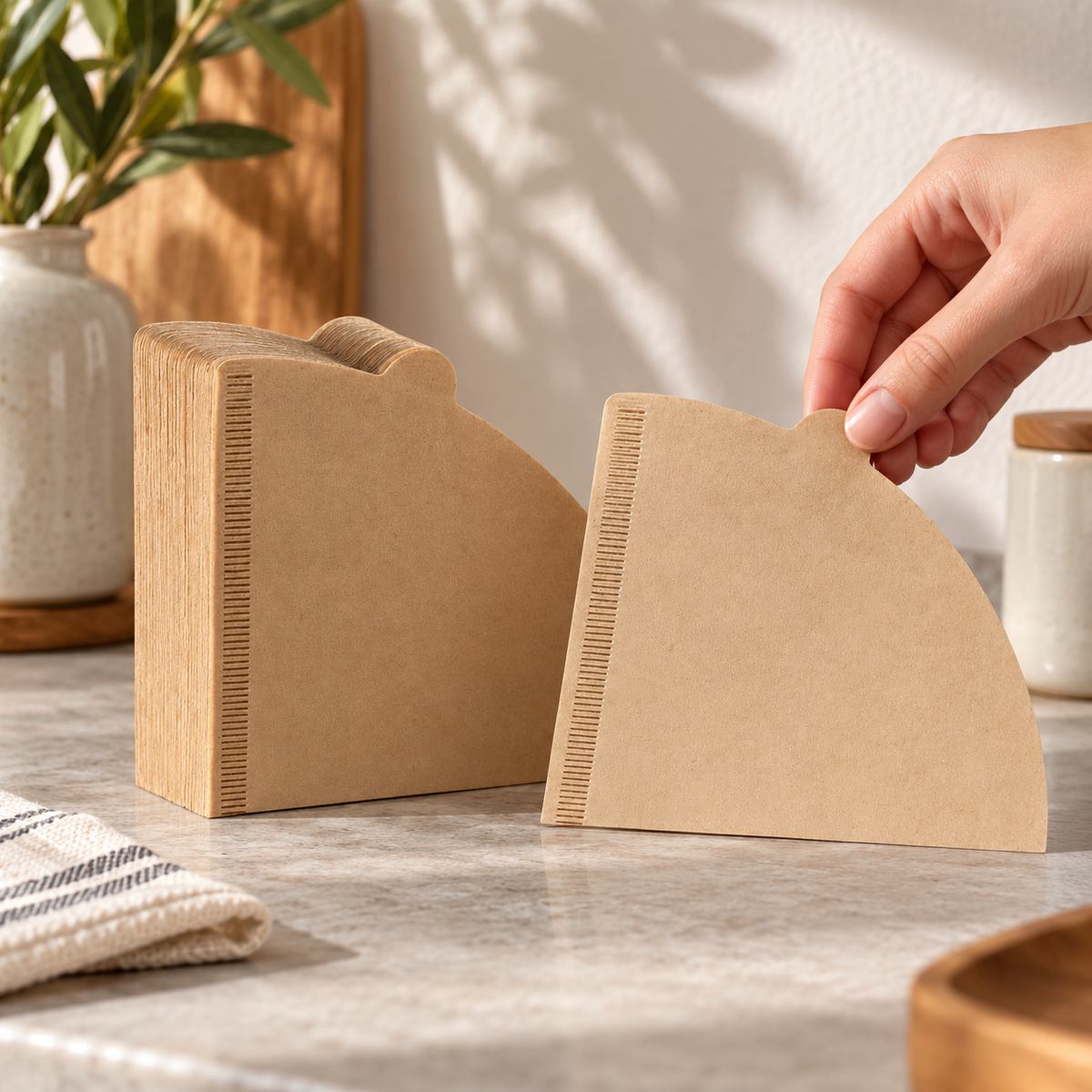 Brown coffee filters, pack of 100 in a home setting