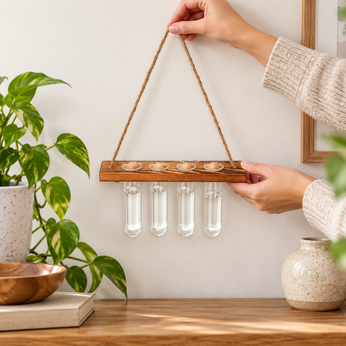 Hanging glass propagation station in a home setting