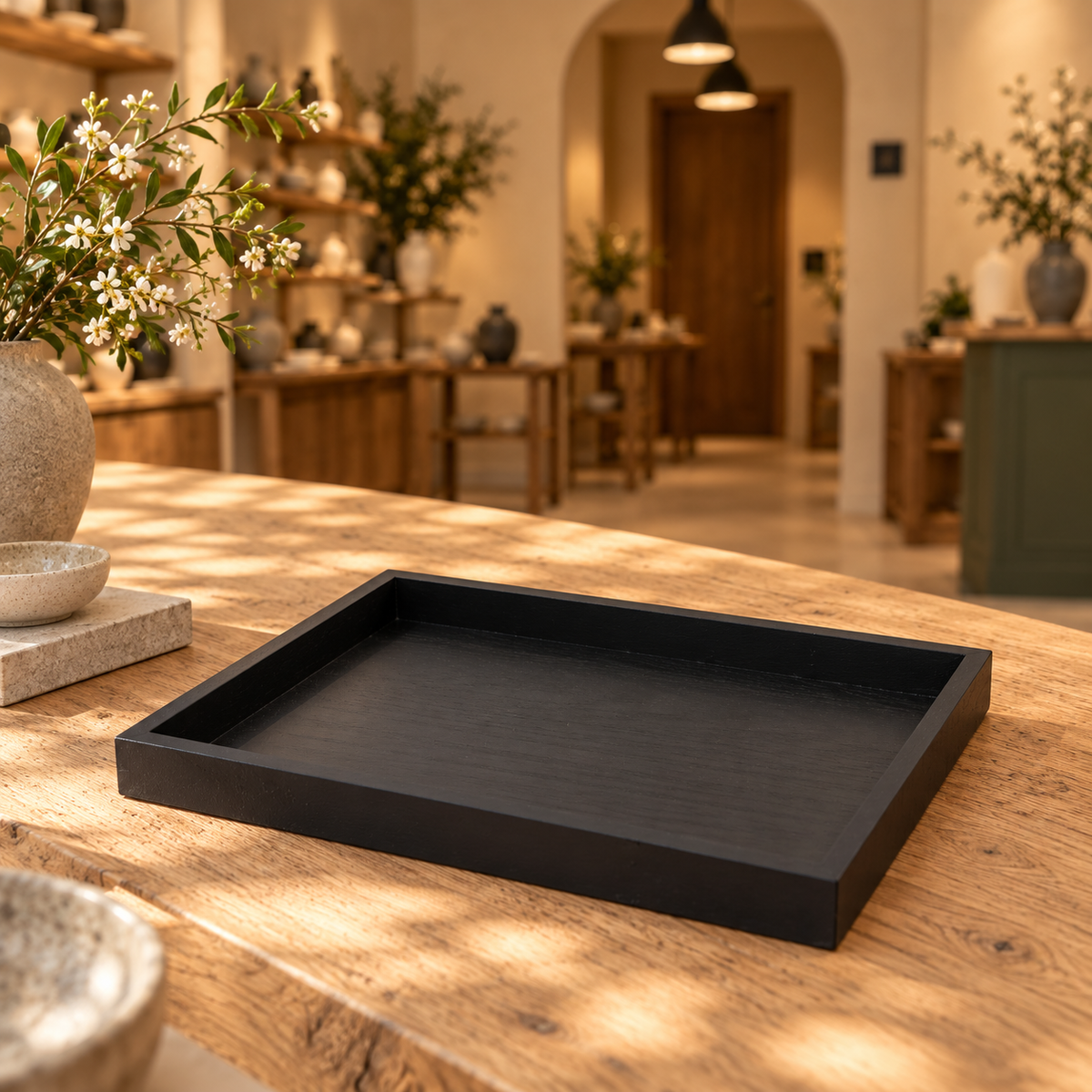 Black wooden serving tray in the IKI shop setting