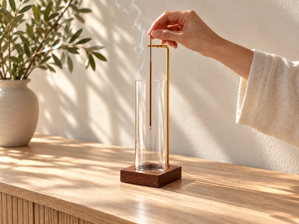 The glass ash catcher and its suspension hook on a table